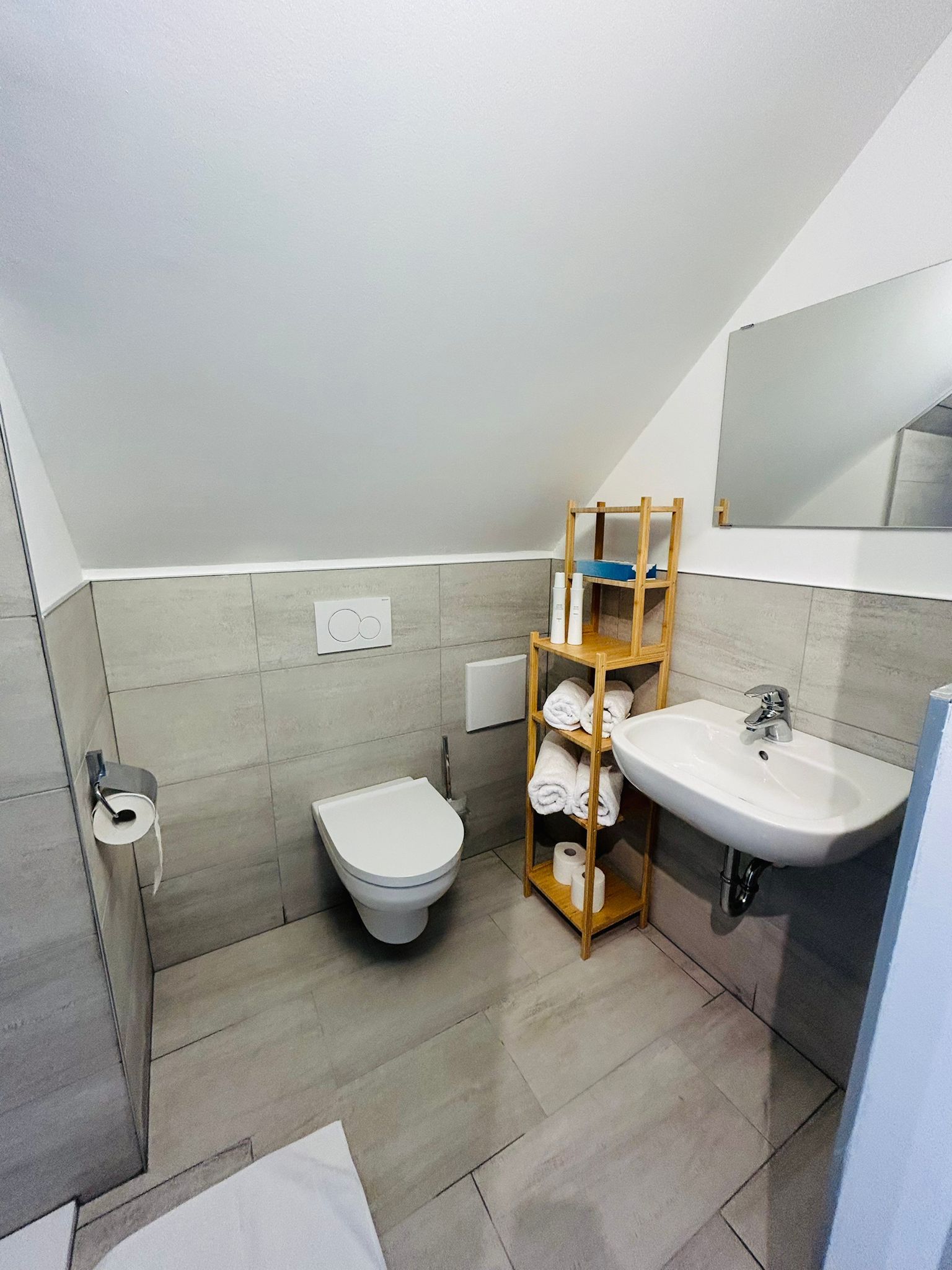 Koupelna s WC, umyvadlem a sprchou.