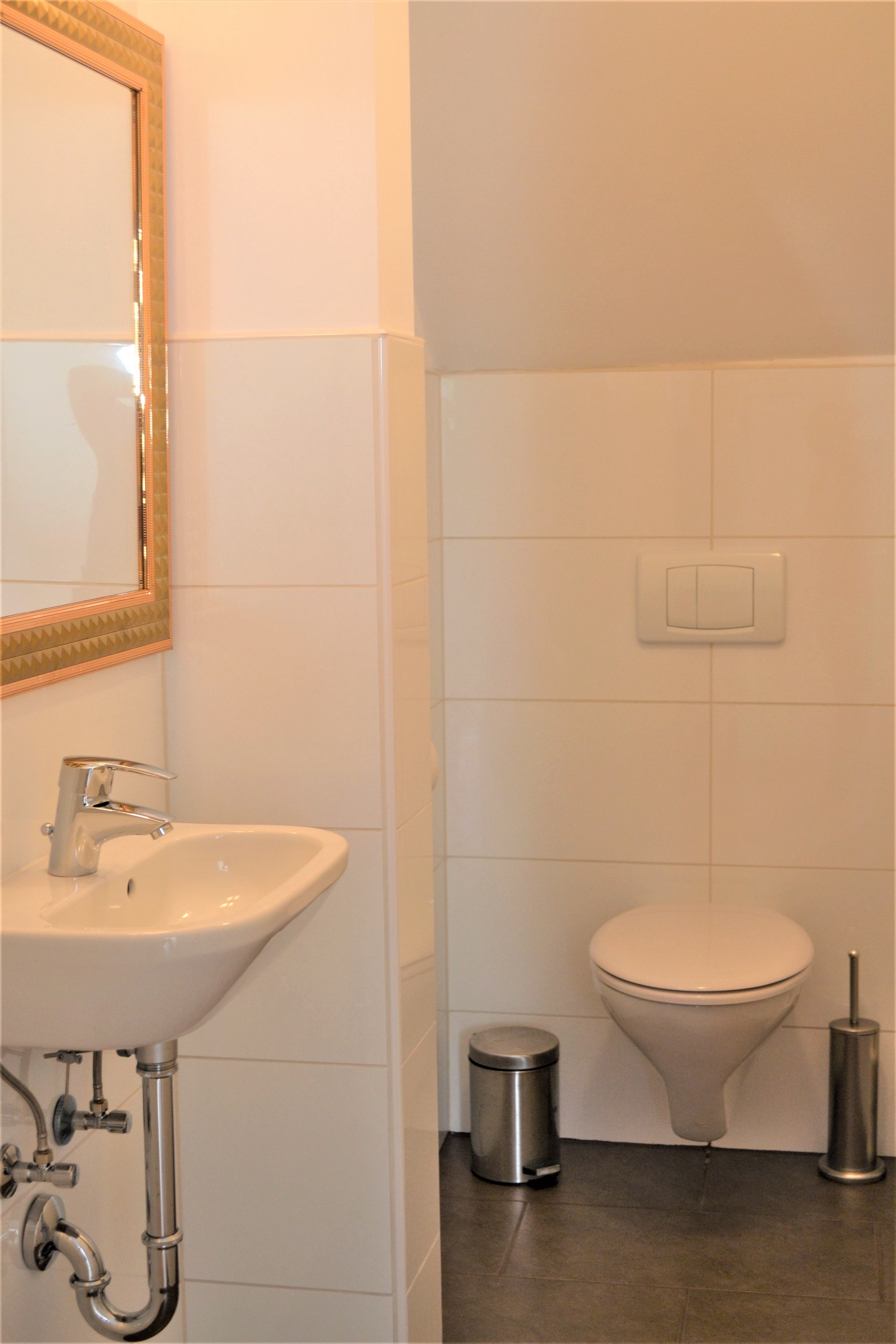 Malá koupelna s umyvadlem, zrcadlem, toaletou, odpadkovým košem a WC štětkou.