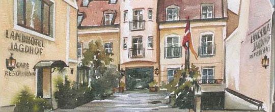 Malba vnitřního nádvoří s budovami a vlajkami.