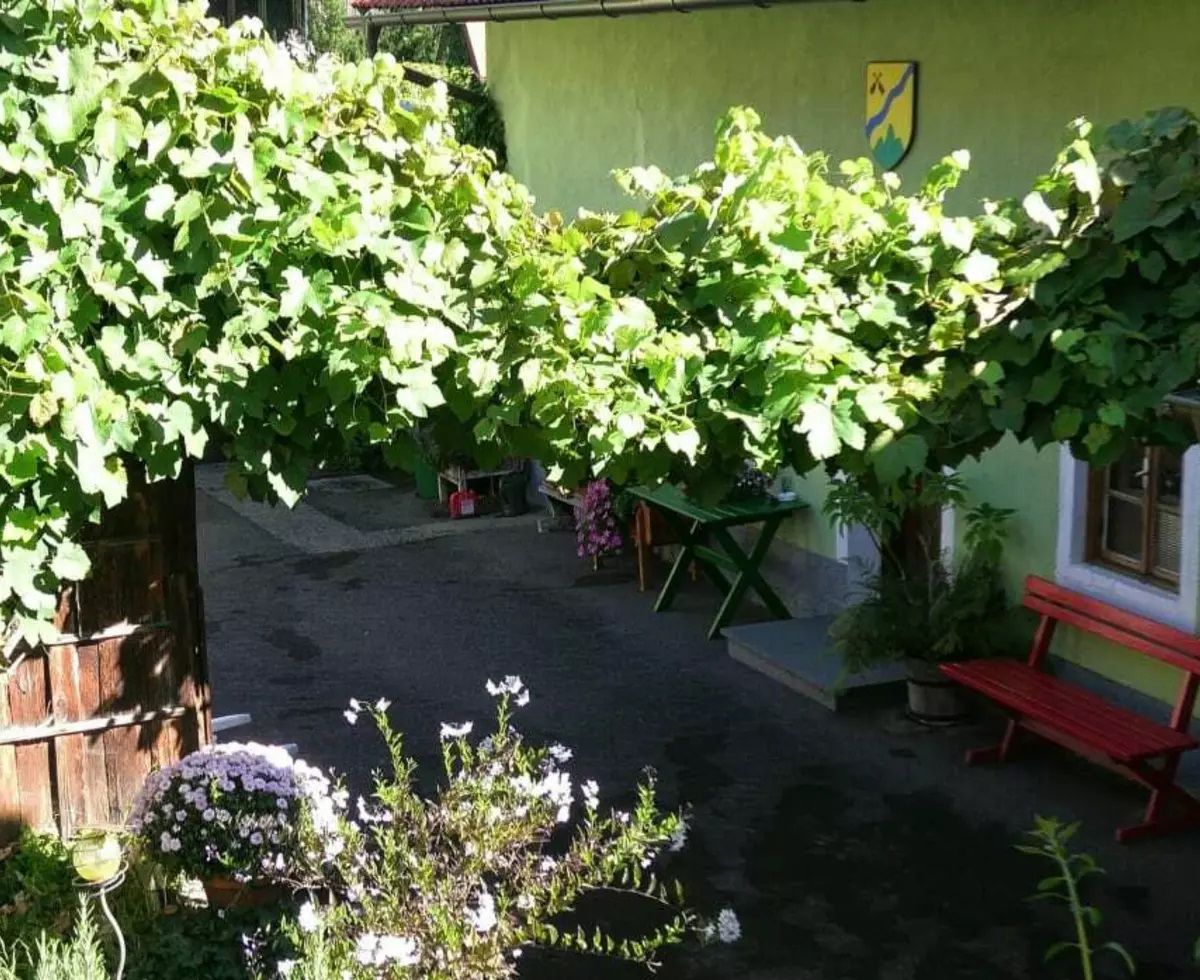 Vnitřní dvůr s květinami a posezením