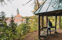 Umgeben von der bunten Pracht des Herbstes bietet der Gloriette Steig einen atemberaubenden Blick auf die majestätische Klosteranlage. Die frische, klare Luft und das sanfte Rascheln der Blätter laden zu einem entspannenden Spaziergang ein, während die Natur in warmen Gold- und Rottönen erstrahlt.