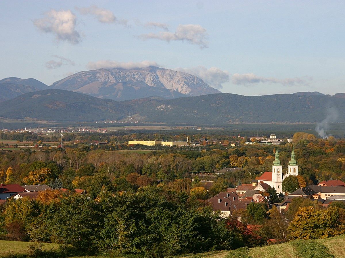 Panorama Schwarzau am Steinfeld s kostelem a horami v pozadí.