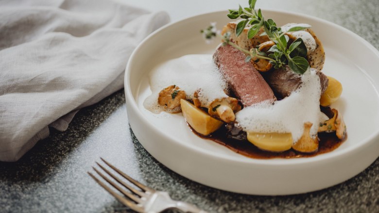 Gurm&aacute;nsk&yacute; pokrm se zvěřinou, ubrouskov&yacute;m knedl&iacute;kem, houbami a pěnou na b&iacute;l&eacute;m tal&iacute;ři.