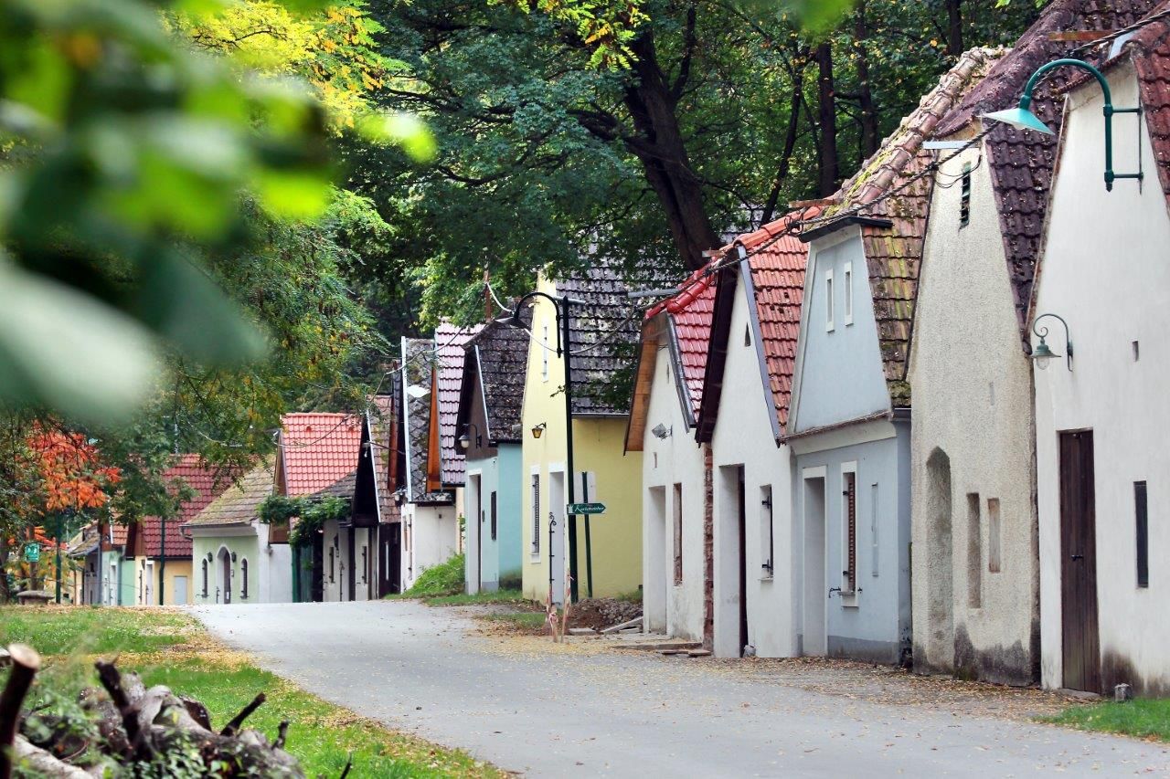 Řada vinných sklepů v zeleném lesním prostředí.
