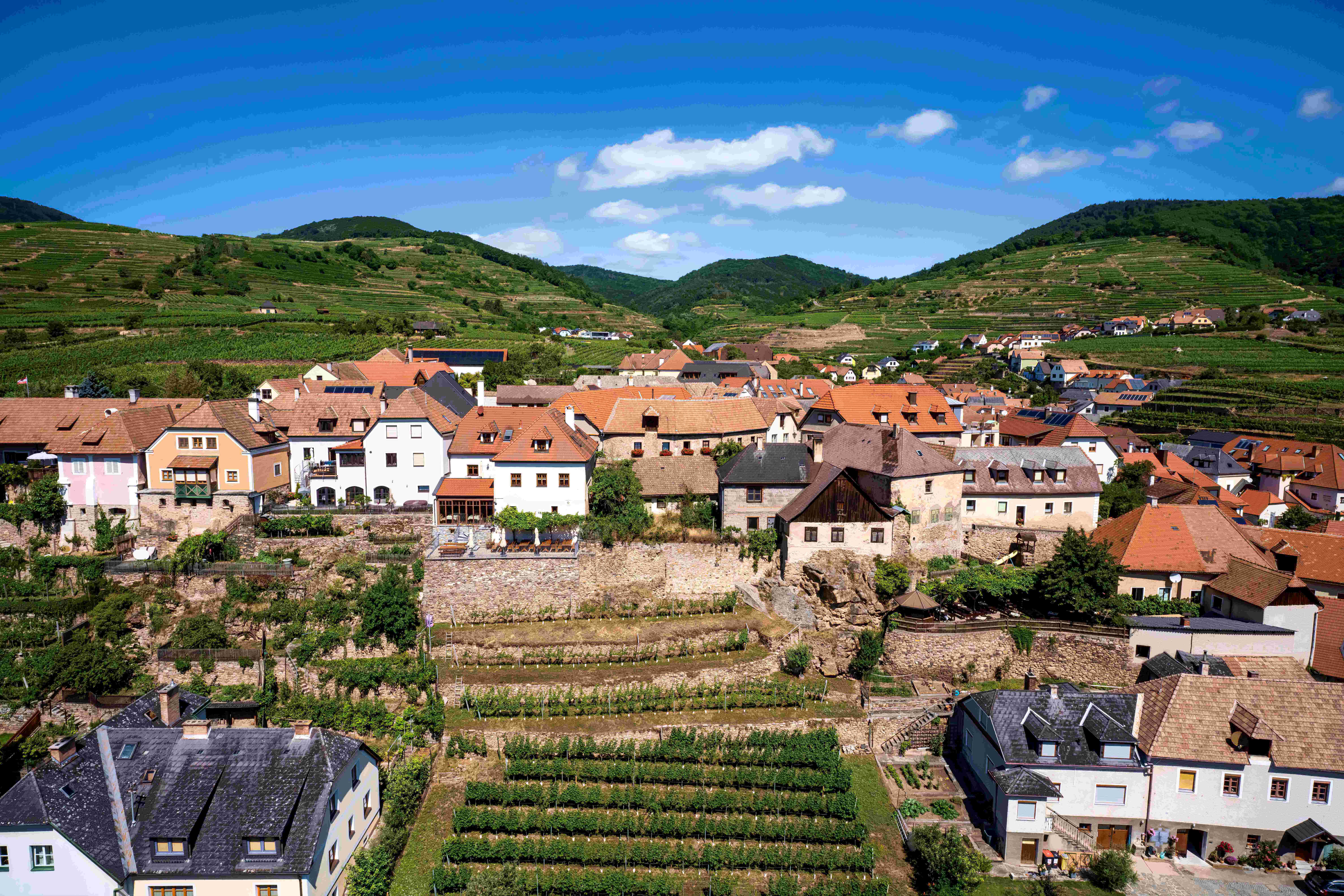 Pohled na Weißenkirchen se čtvrtí Burg s četnými domy, vinicí a kopci v pozadí