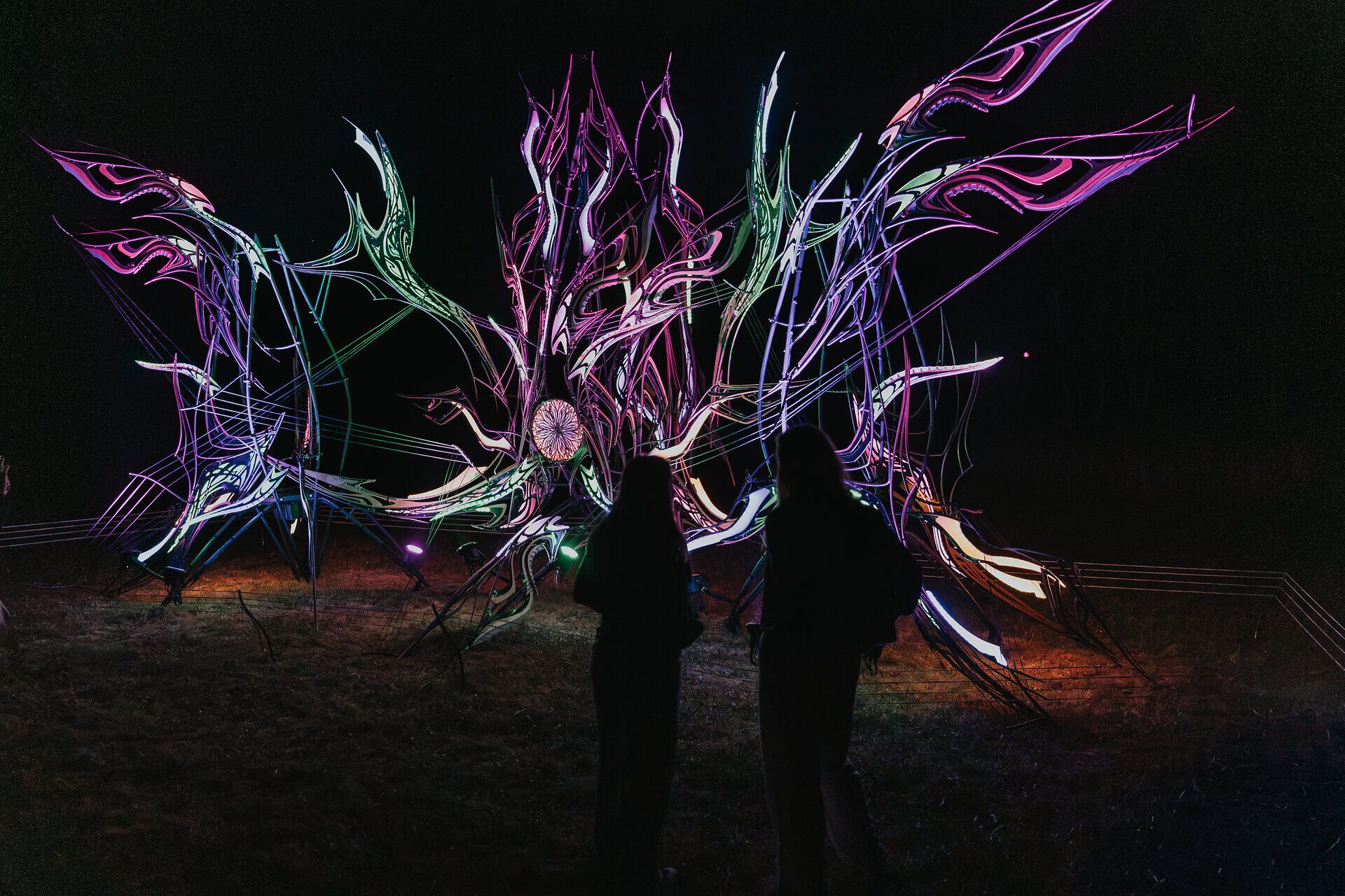 Zwei silhouettenhafte Personen stehen nachts vor einer großformatigen, abstrakten Lichtinstallation mit leuchtenden, organischen Formen in Violett-, Grün- und Blautönen; die Szene ist Teil des Lichtkunstfestivals „Blockheide leuchtet“.