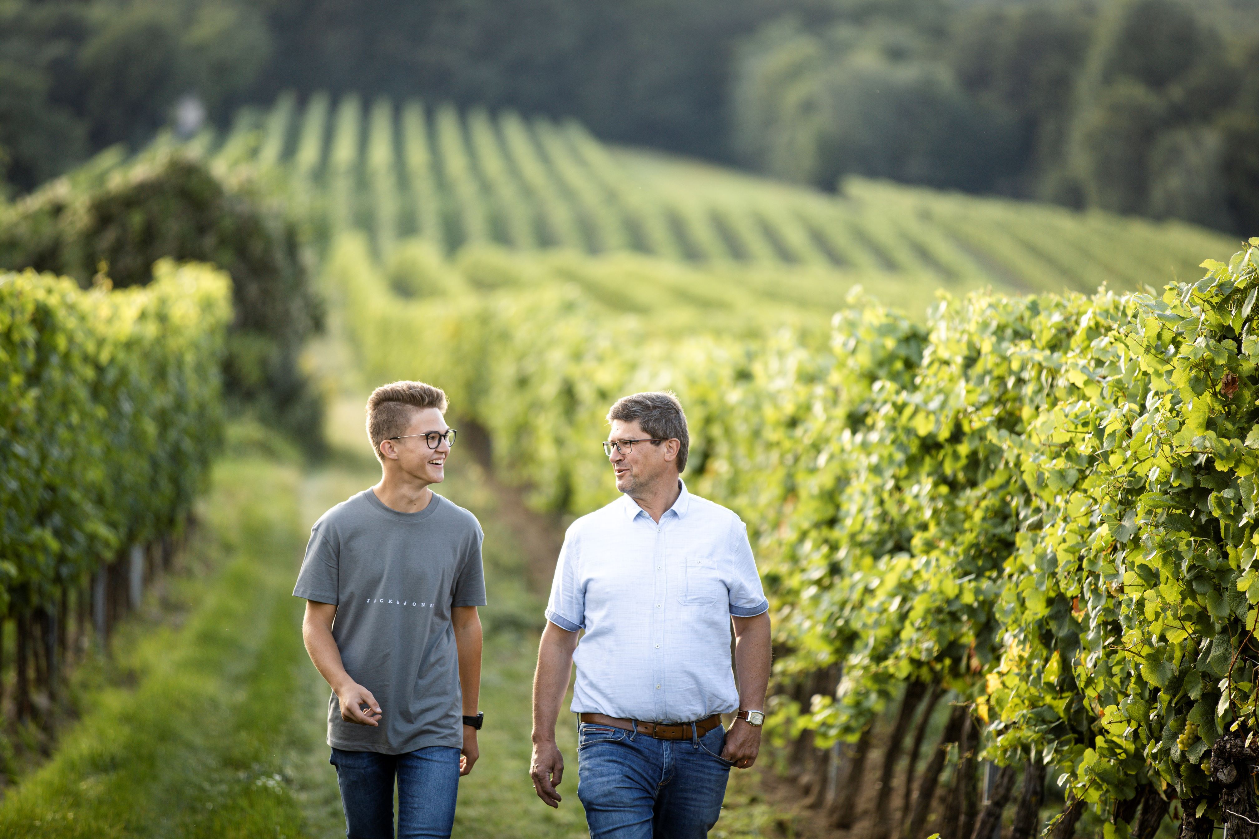 Dva muži procházejí vinicí a usmívají se.