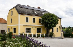 Žlutý penzion se solárními panely na střeše, obklopený květinami a stromy.