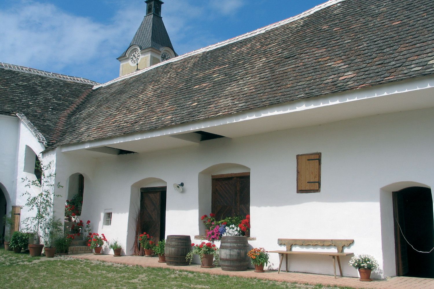Tradiční budova s bílou fasádou, dřevěnými dveřmi a květinami v květináčích. V pozadí věž s hodinami.
