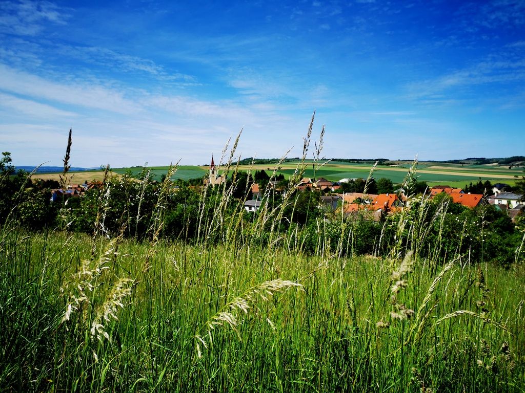 Krajina s loukou, vesnicí a kopci v pozadí pod modrou oblohou.