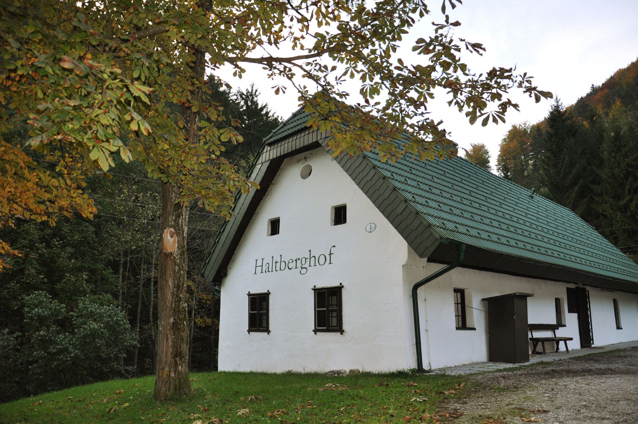 Bílý rekreační dům se zelenou střechou v lese s označením "Haltberghof".