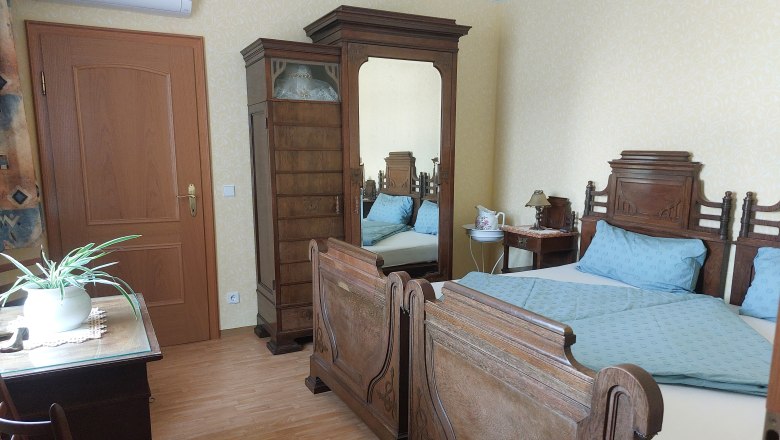 Ložnice se starožitn&yacute;m dřevěn&yacute;m n&aacute;bytkem, manželskou postel&iacute;, skř&iacute;n&iacute; se zrcadlem, stolem s rostlinou a židl&iacute;.