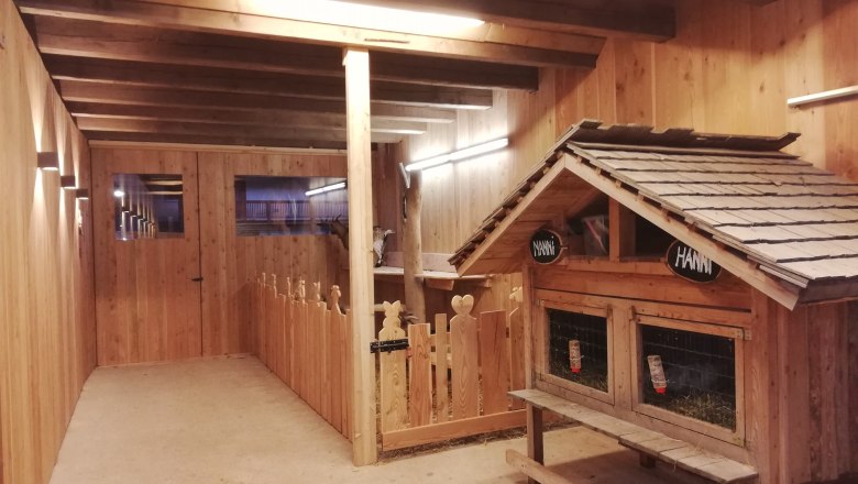 Pohled do interi&eacute;ru dřevěn&eacute; ohrady pro kozy s v&yacute;během a mal&yacute;m domkem.