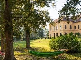 Hängematten im Schlosspark Eckartsau, © Donau Niederösterreich - Tourismusbüro Carnuntum-Marchfeld