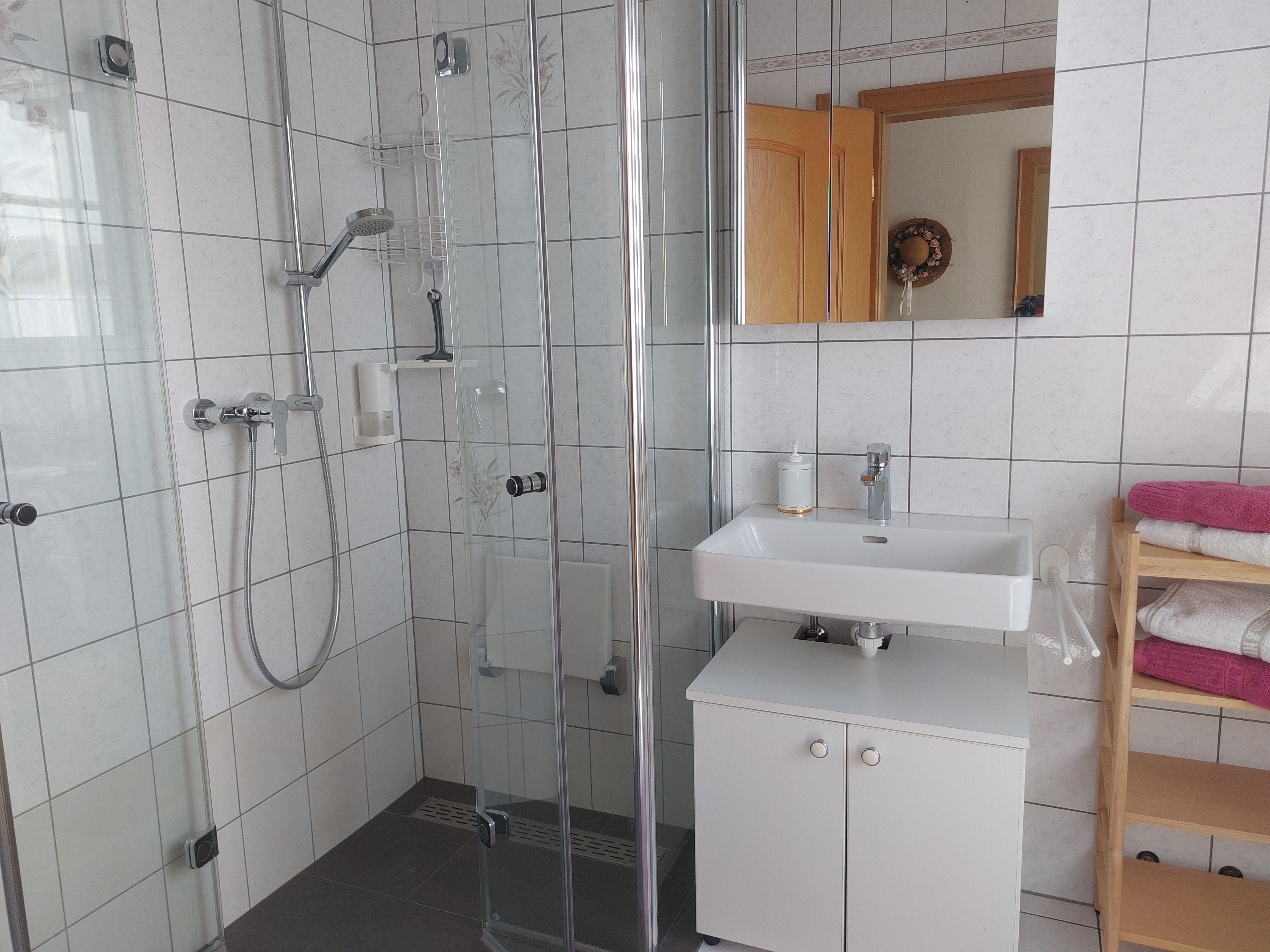 Moderní koupelna se sprchovým koutem, umyvadlem a věšákem na ručníky.