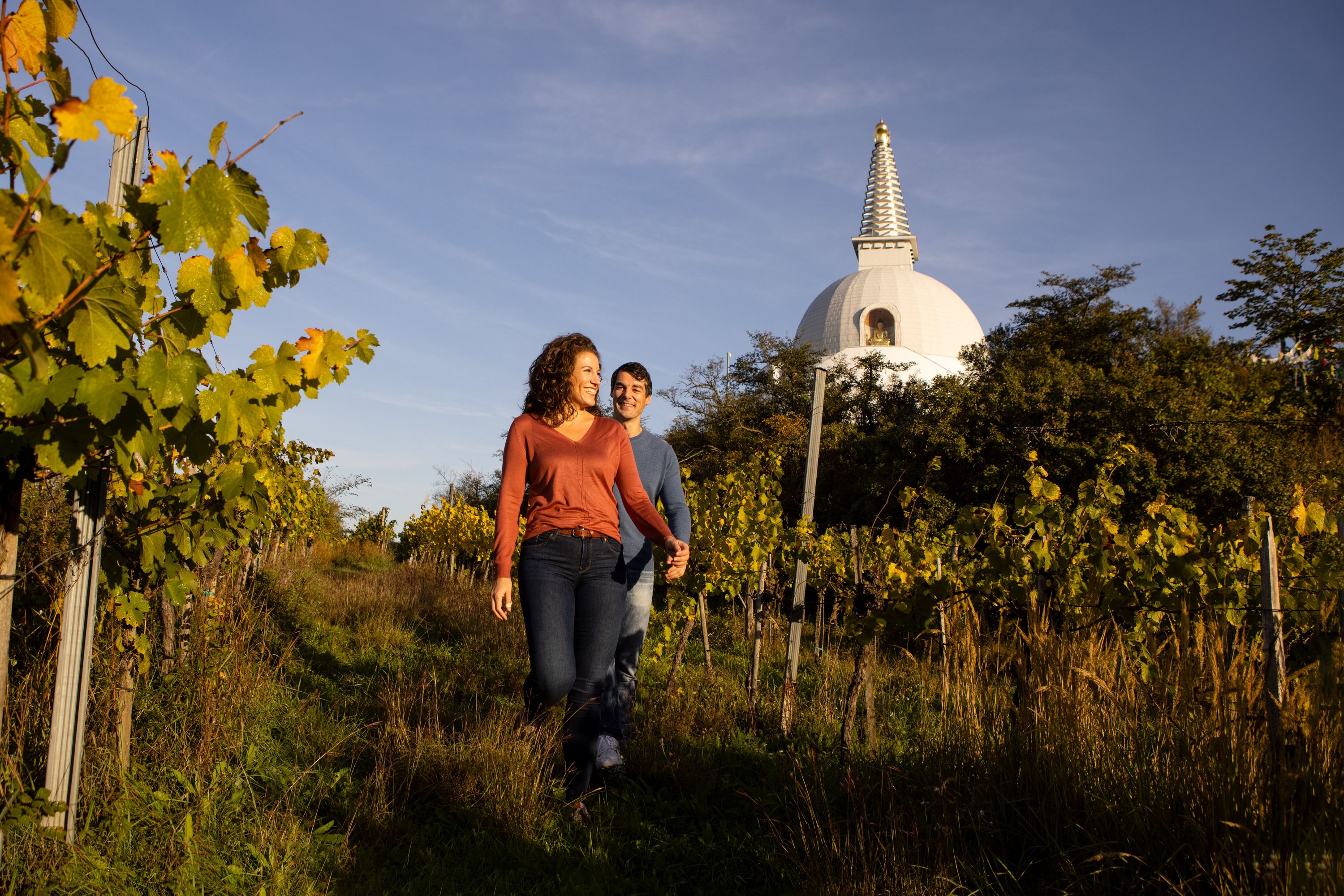 Pár na procházce vinicemi, stúpa v pozadí