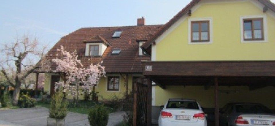 Žlutý dům pro hosty s kvetoucím stromem a dvěma zaparkovanými auty.