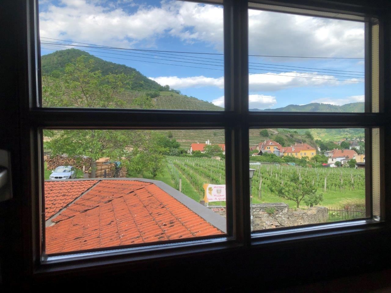 Pohled z okna na venkovskou krajinu s vinicemi, domy a kopcem v pozadí.