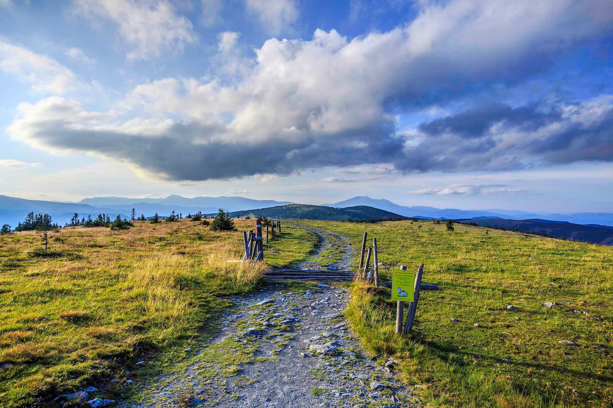Turistická stezka na horské louce s výhledem na Hochwechsel a zataženou oblohou.
