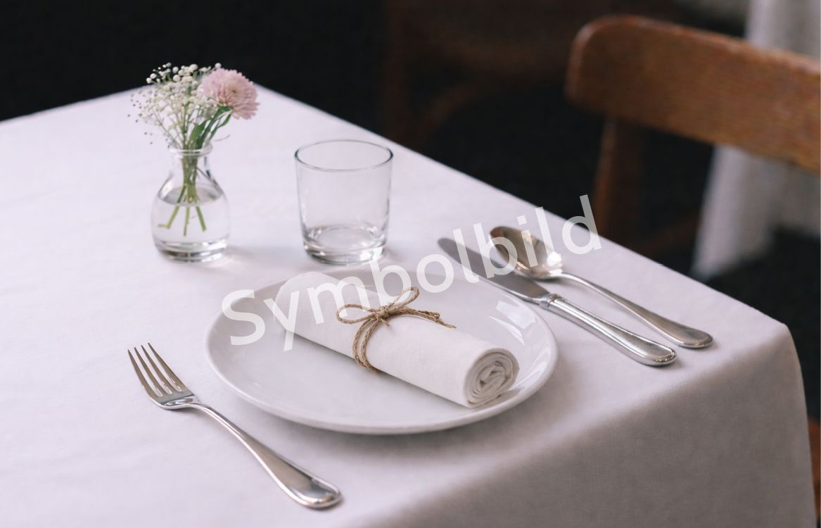 Prostřený stůl v restauraci s bílým ubrusem, talířem, příborem, sklenicí a malou vázou s květinami. Jako vodoznak je zde nápis „Symbolbild“.