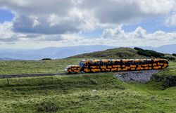 Ein farbenfroher Zug schlängelt sich durch die sanften Hügel der Wiener Alpen, umgeben von üppigem Grün und majestätischen Ausblicken. Die Wolken ziehen gemächlich über den Himmel und verleihen der Szenerie eine friedliche Atmosphäre, die zum Verweilen einlädt.