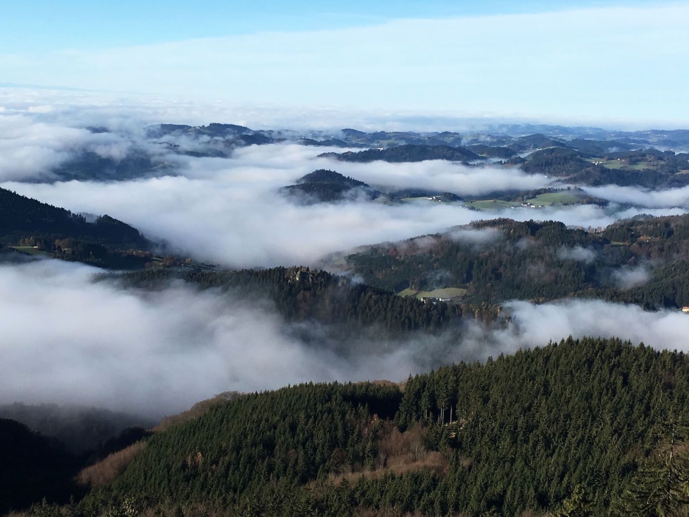 Pohled z kamenné hradní zdi na mlhou zahalené kopce a lesy.