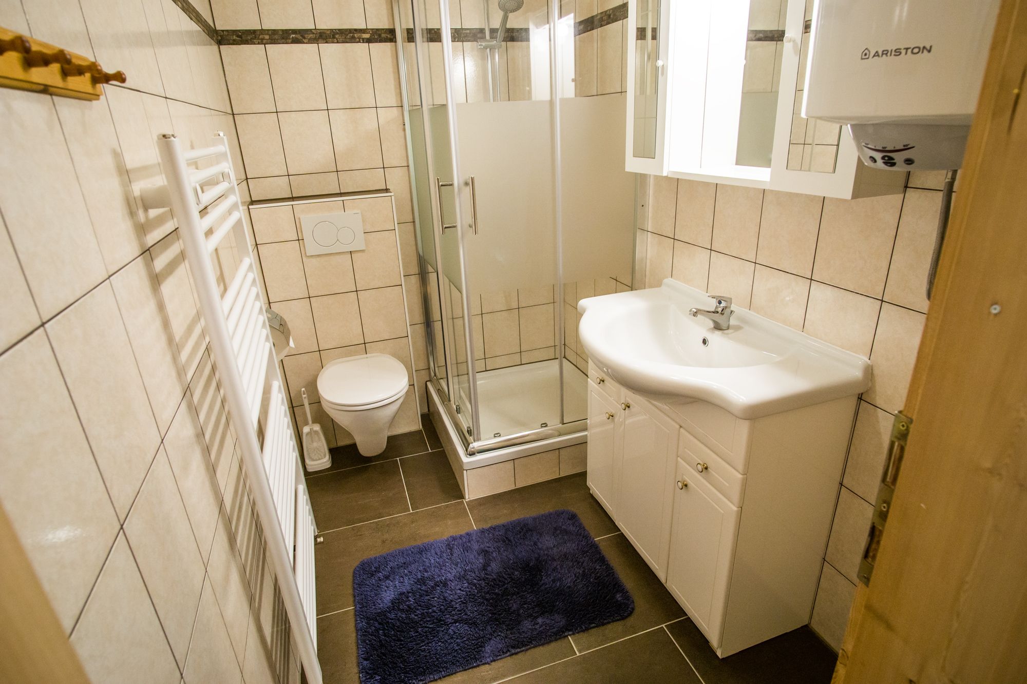Koupelna se sprchovým koutem, umyvadlem, WC a ručníkovým radiátorem.