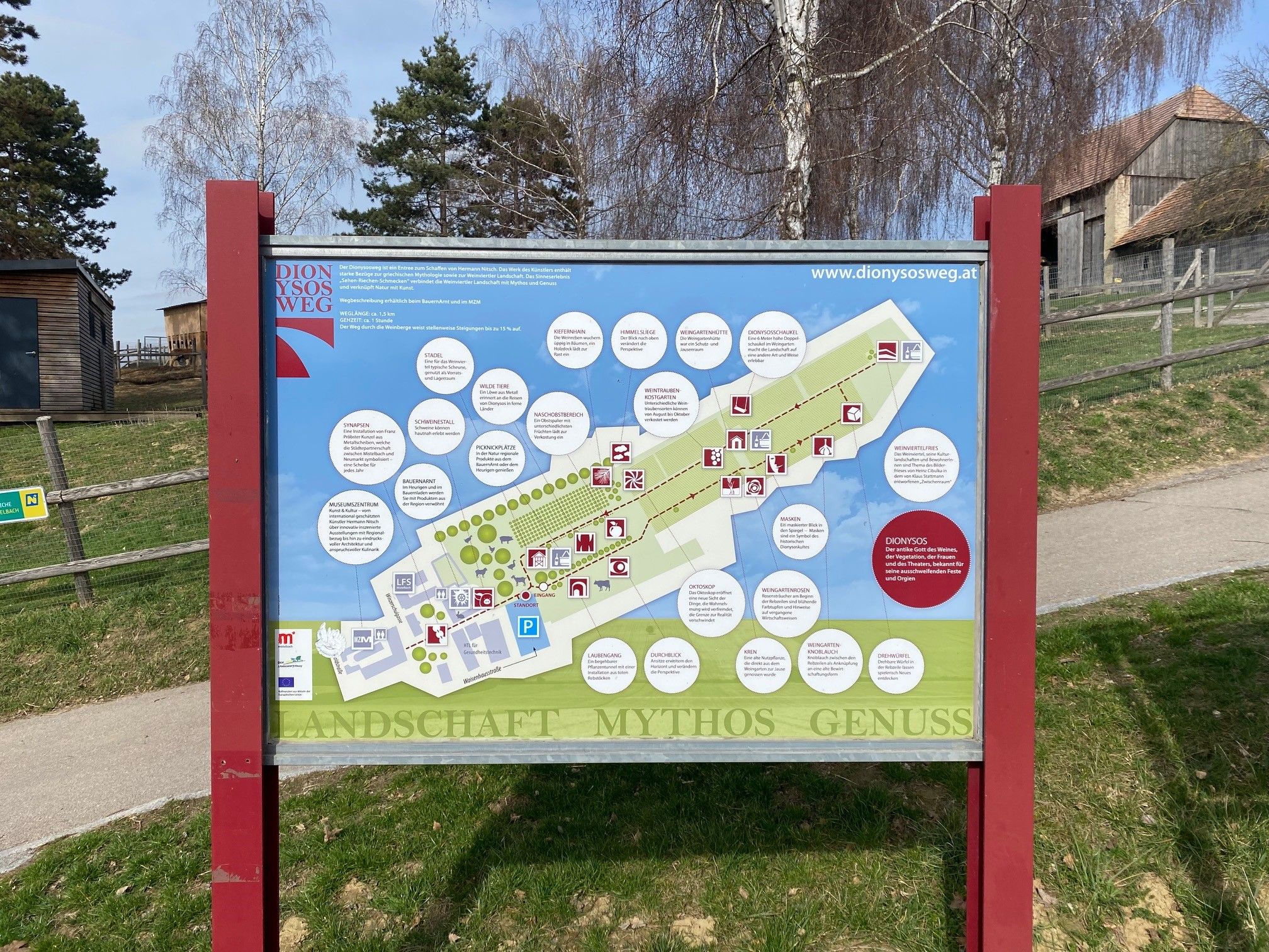 Informační cedule Dionýsovy stezky s mapou a vysvětlivkami, obklopená stromy a budovami.