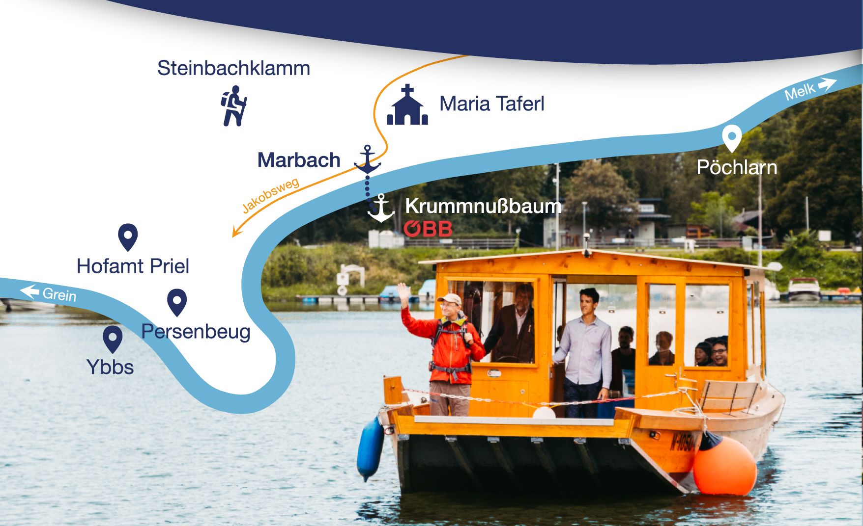 Bárka na řece s přehlednou mapou okolí.