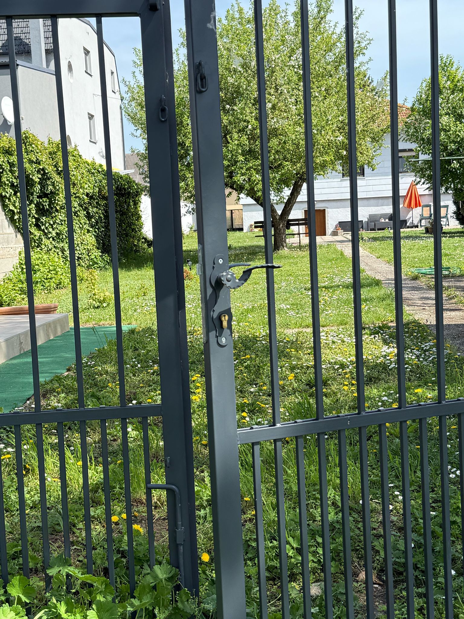 Zahrada s kovovou brankou v popředí, za ní strom a dům s červeným slunečníkem.