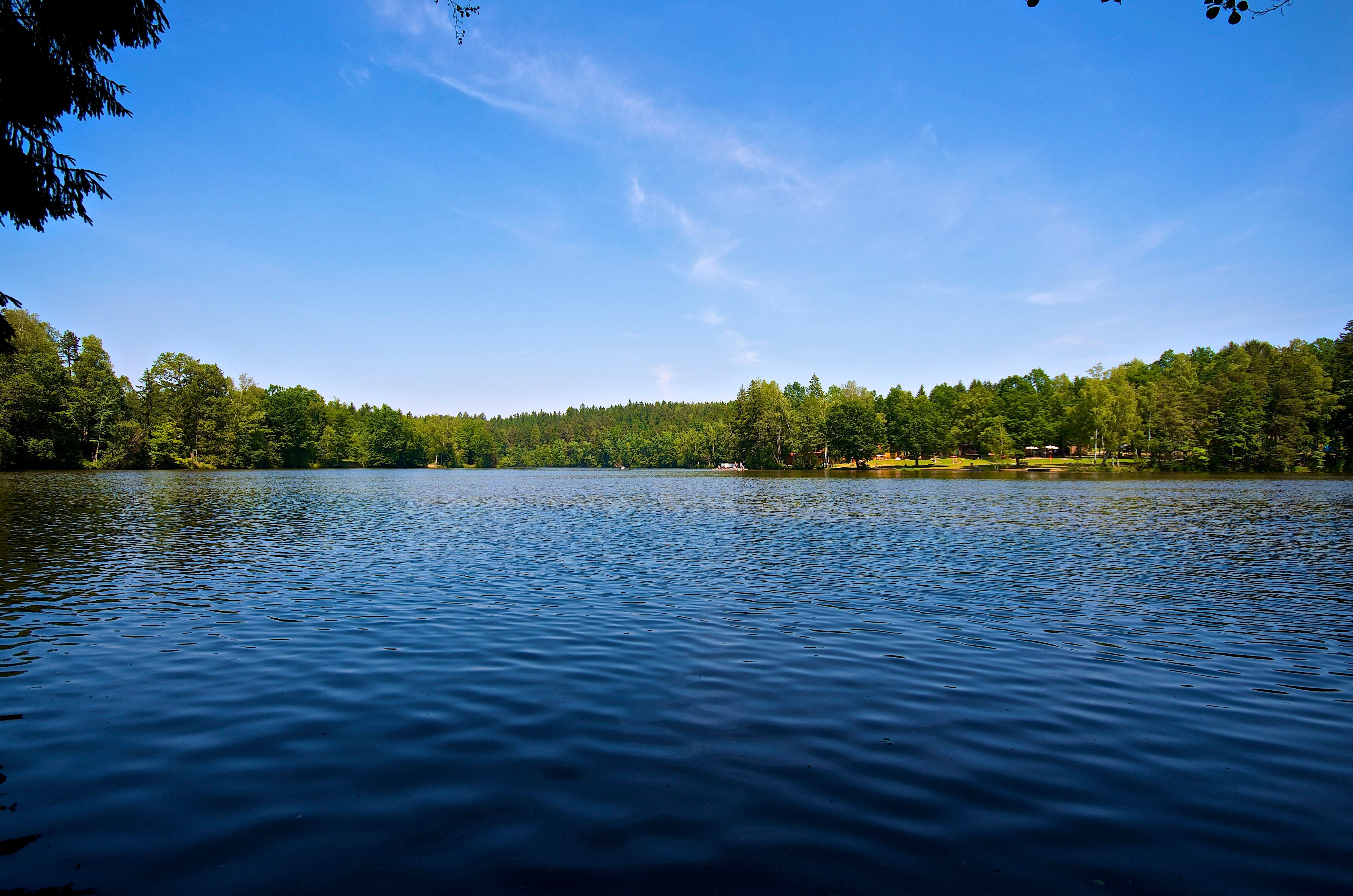 Pohled na Herrensee se zalesněným břehem a modrou oblohou.