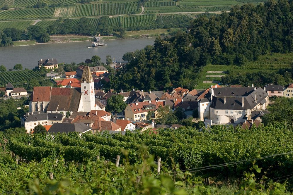 Pohled na farní kostel Spitz a okolní vinice.