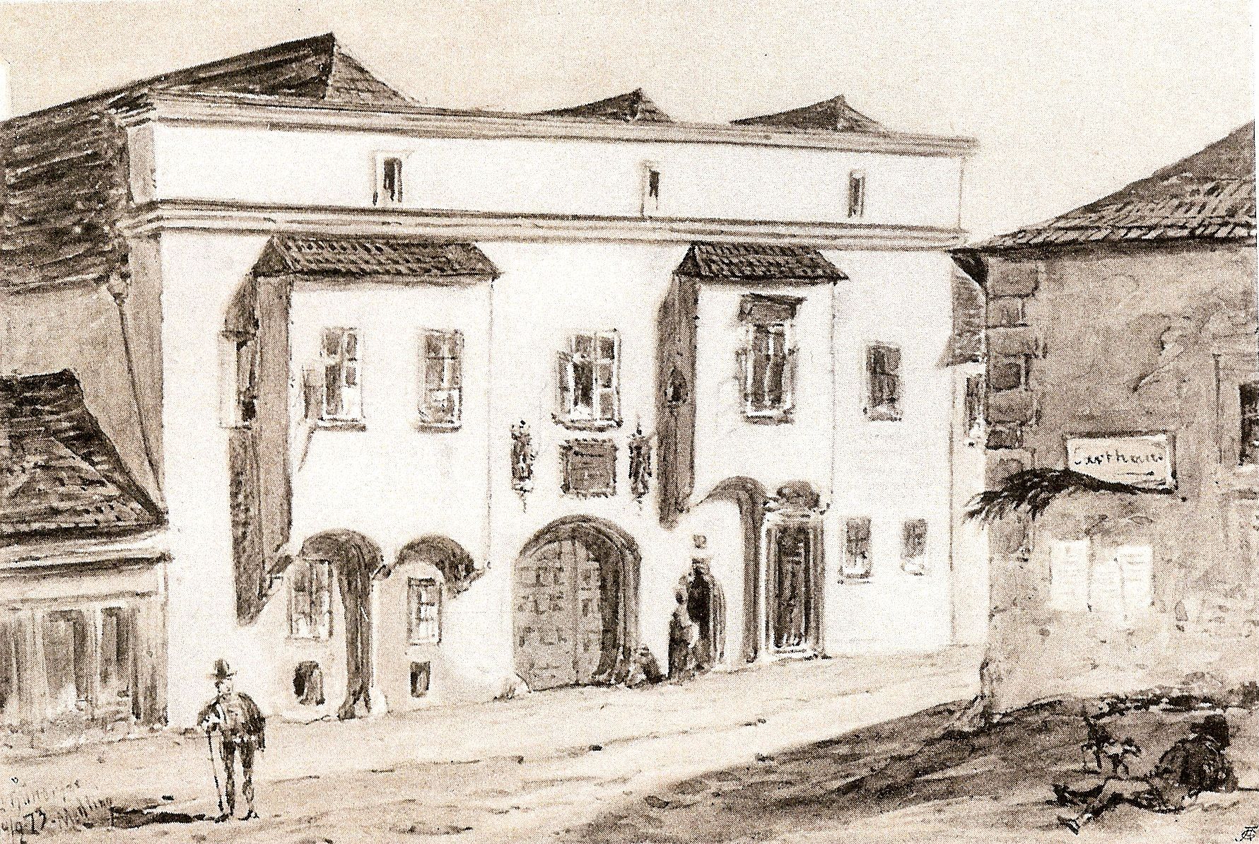 Historická kresba budovy s kulatými oblouky a okny, před níž stojí dvě osoby.