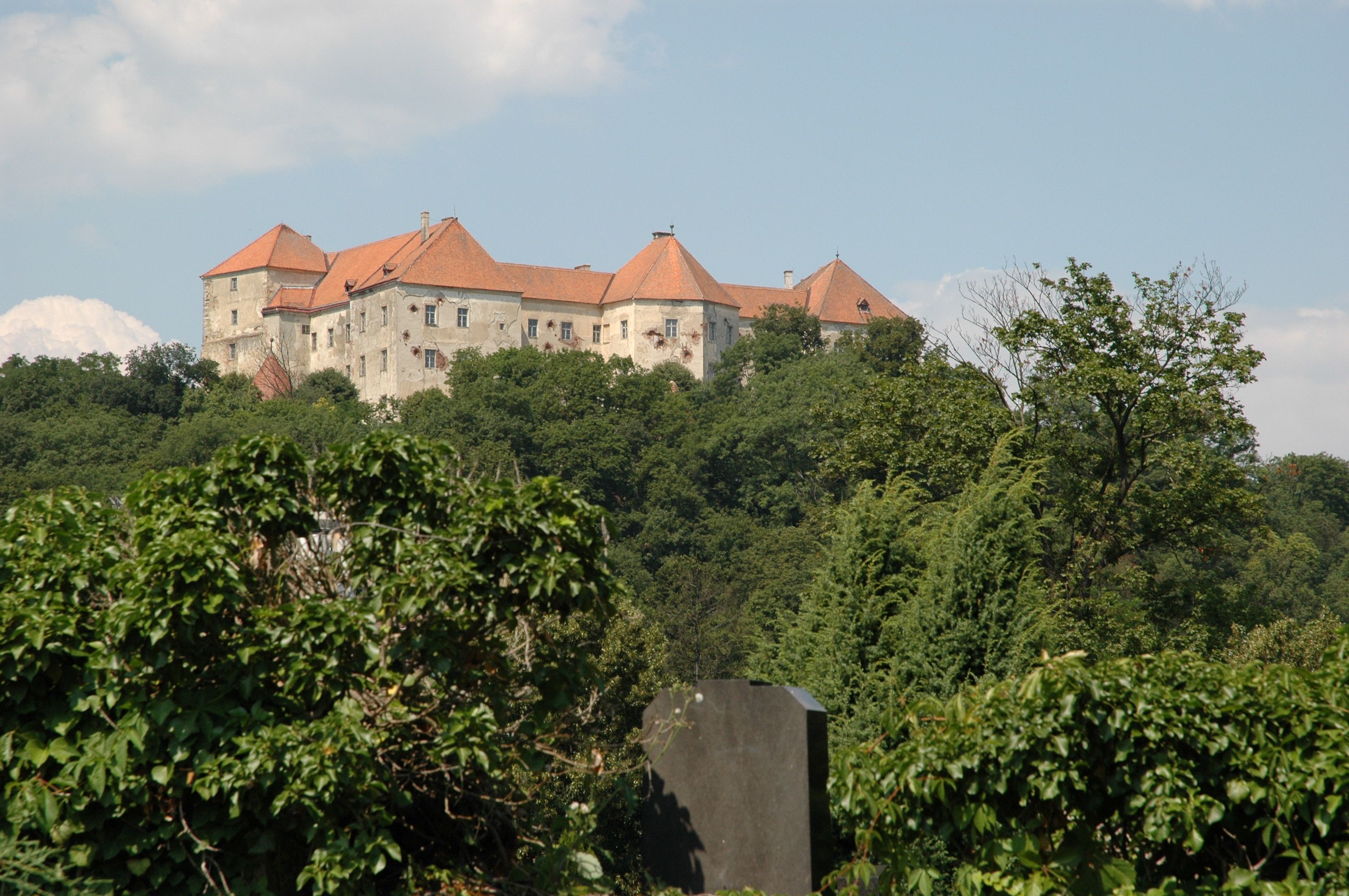 Hrad Neulengbach na zalesněném kopci s červenými střechami, obklopený stromy a modrou oblohou.
