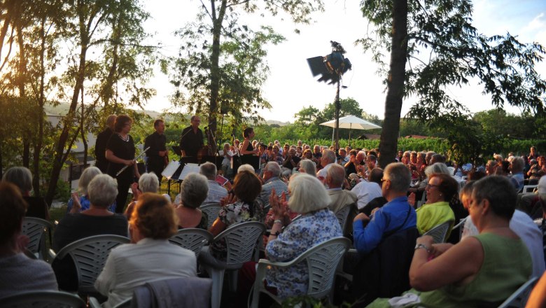 Venkovn&iacute; koncert s orchestrem a publikem při z&aacute;padu slunce.