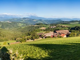 Ausblick von der Ebenhofer Höhe in Edlitz über die Hügellandschaft bis zum Schneeberg, © Wiener Alpen