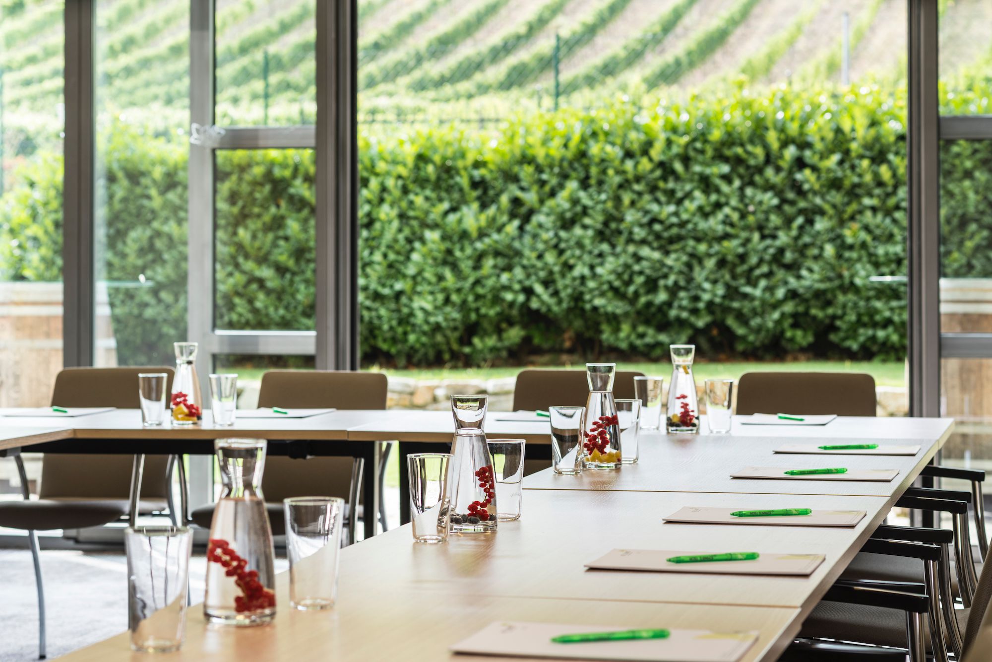 Seminární místnost se stoly, židlemi a výhledem na vinice.