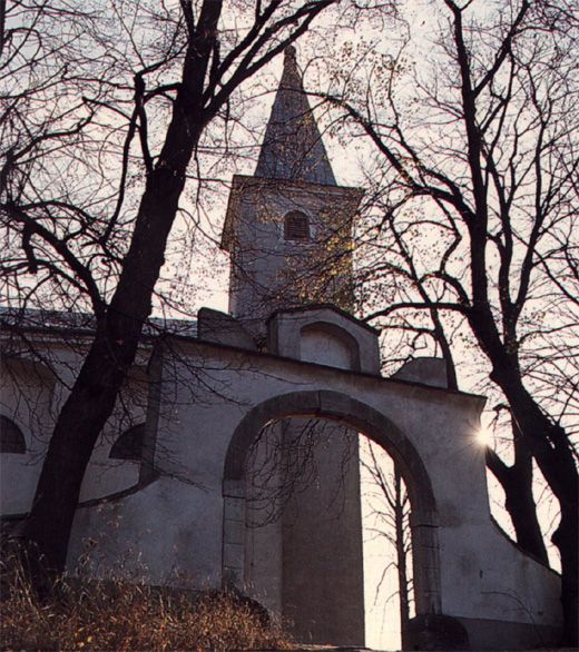 Kostel s věží a klenbou, obklopený holými stromy proti světlu.