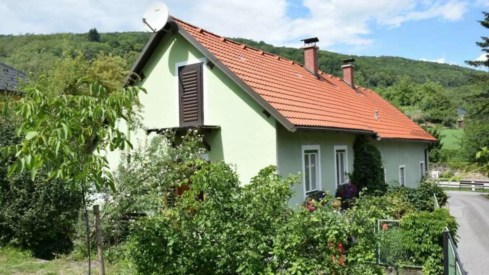Zelený rodinný dům zvenčí s červenou střechou
