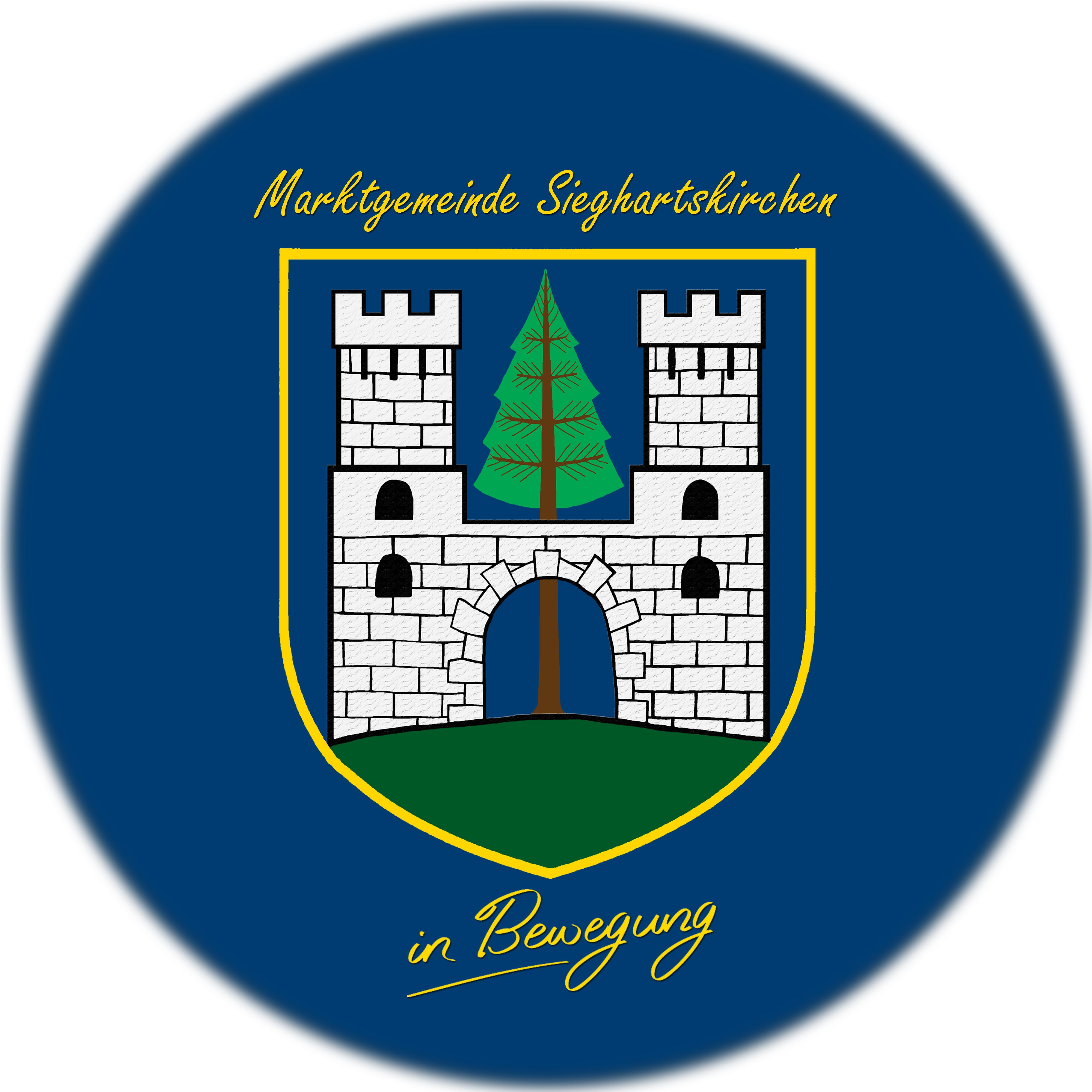 Znak města Sieghartskirchen s hradem a stromem na modrém pozadí.