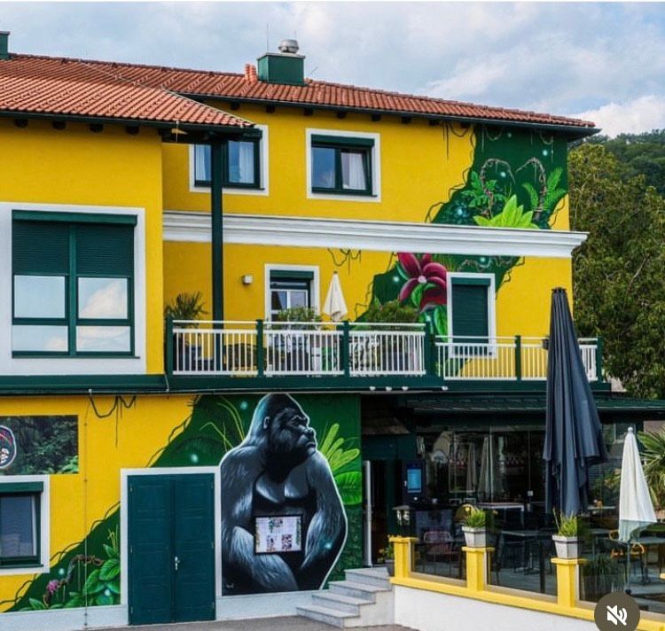 Žlutá budova s nástěnnými malbami goril a motivy džungle.