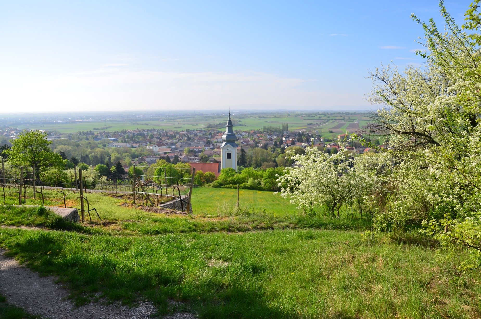 Pohled na kostel v Gainfarnu z ulice Sonnenweg