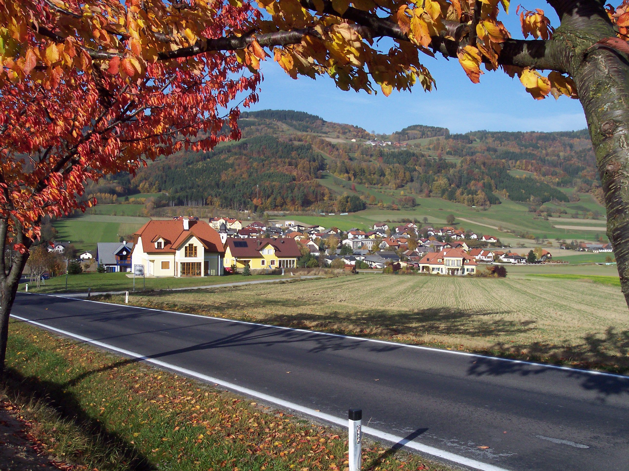 Podzimní krajina s vesnicí a kopci v pozadí, listnaté stromy s barevným listím v popředí.